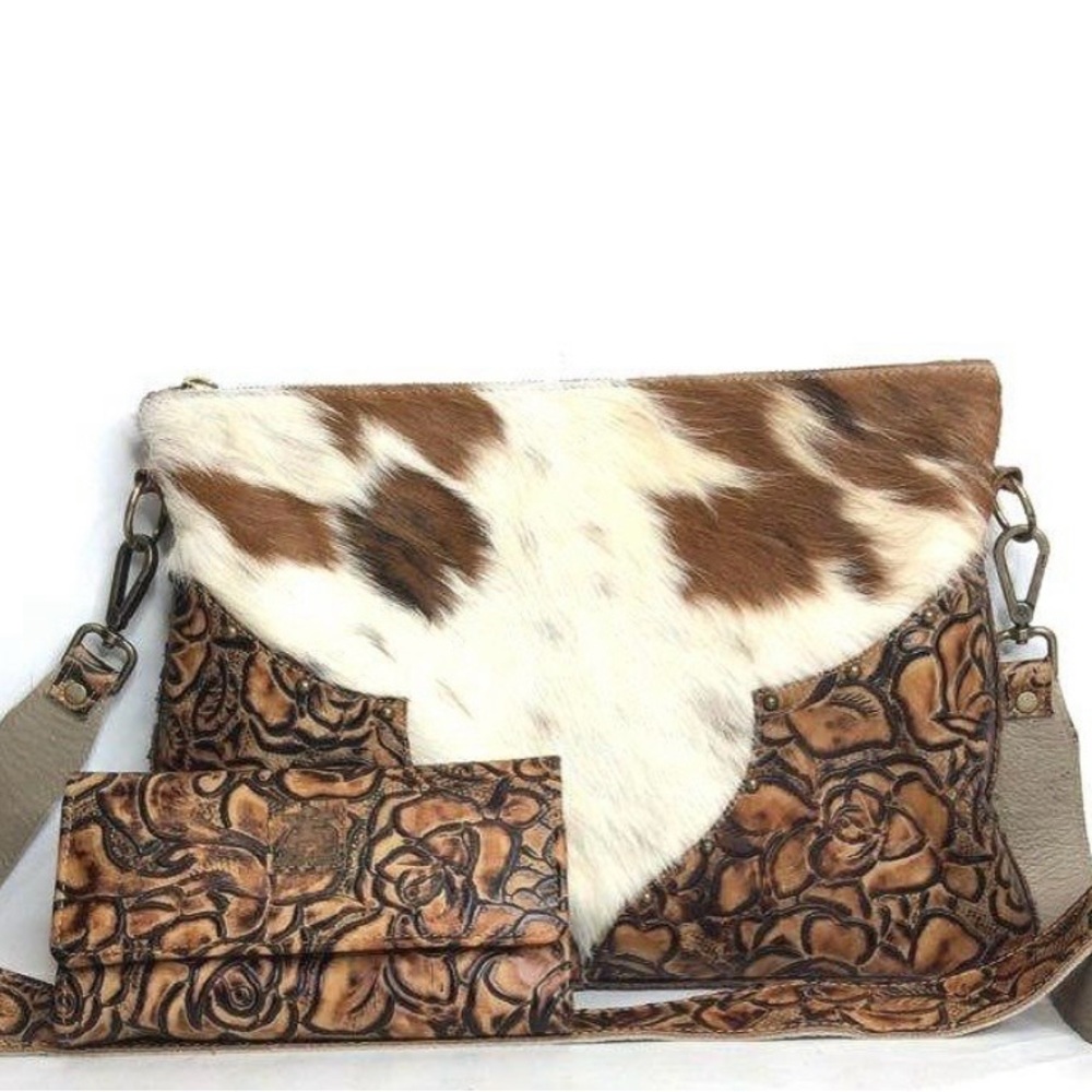 Women's Calf Hair /Floral Embossed Leather Crossbody & Wallet EUC